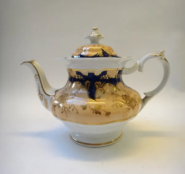 A Ridgway porcelain apricot and blue ground part tea and coffee service, circa 1840, comprising; a teapot, cover and stand, a sucrier and cover, a mil