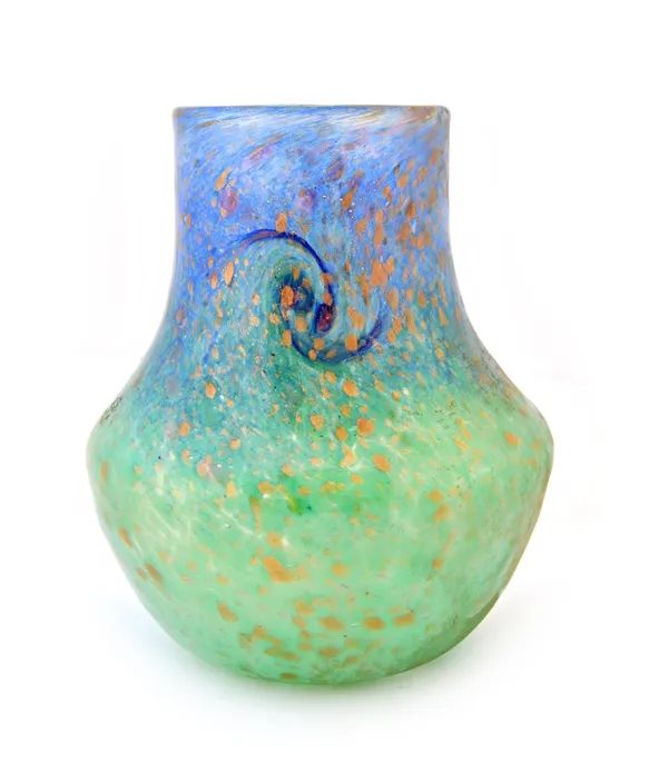 A Monart glass vase, 20th century, with gilt inclusions against a blue and green body, 18cm high.   Illustrated