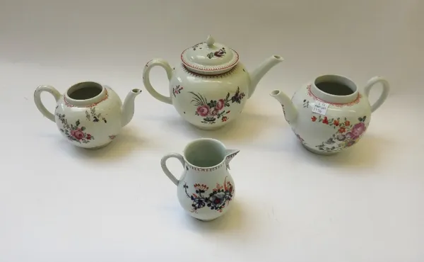 A group of Liverpool porcelain, comprising; a Christian's globular teapot and cover, circa 1770, painted with flower sprays (a.f), 16cm high, two smal