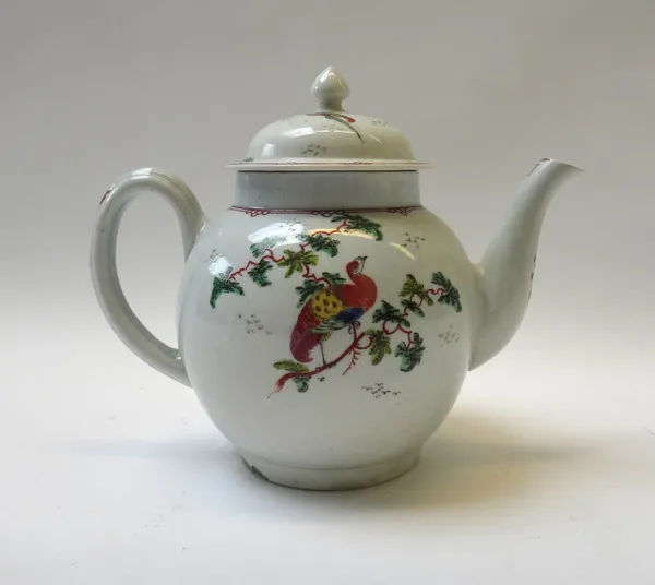 A Pennington's Liverpool globular teapot and cover, circa 1775, painted with birds in branches beneath an iron red border (a.f), 17.5cm high.