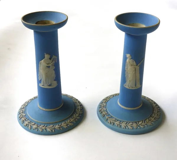 A pair of Wedgwood blue jasper candlesticks, late 19th century, decorated with classical figures, 15.5cm high, together with a quantity of 19th centur