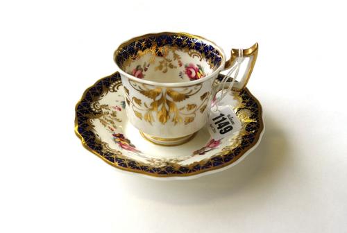 A group of twelve English porcelain cups and saucers and two side plates, mostly Ridgway, 19th century, of various forms and decoration. (14)