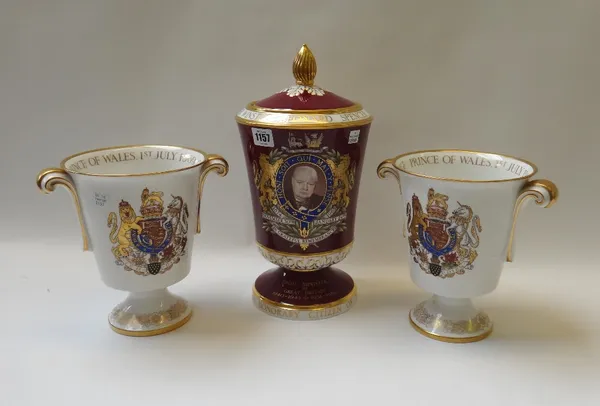 A Spode Winston Churchill commemorative vase and cover commissioned by Thomas Goode & Co, Ltd Edition 45/125, 34.5cm high, and two Spode Prince Charle