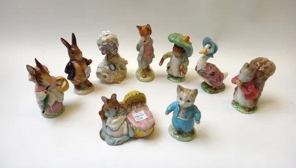 Nine Beswick Beatrix Potter animal figures, all gold back stamped, comprising; Lady Mouse, Benjamin Bunny, Hunca Munca, Jemima Puddleduck, Tom Kitten,
