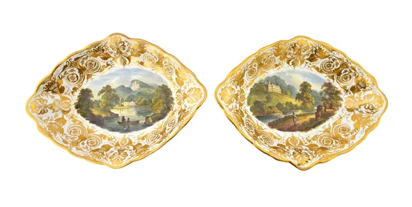 A pair of Derby topographical lozenge shaped dessert dishes, circa 1810, painted with titled views, `In Cumberland' and `In Holland', beneath gilt fol
