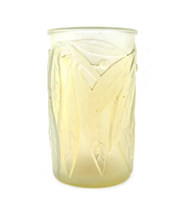A Lalique opalescent glass 'Laurier' vase, no.947, designed in 1922, moulded with fruiting foliage, 18cm high.   Illustrated