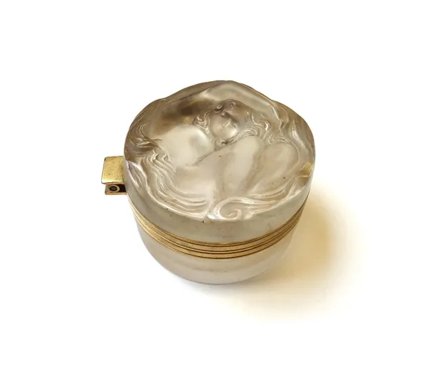 A Lalique frosted glass pot, 20th century, the hinged cover relief moulded with an Art Nouveau style maiden, signed 'Lalique, France', 8cm diameter.