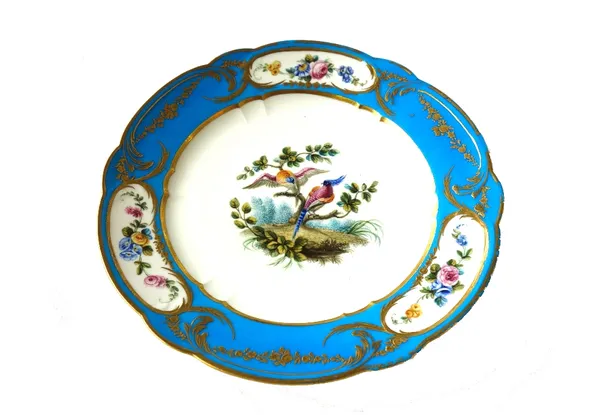 A Sevres assembled service, the porcelain 18th century but the decoration 19th century, painted with central bird vignettes against a bleu celeste gro