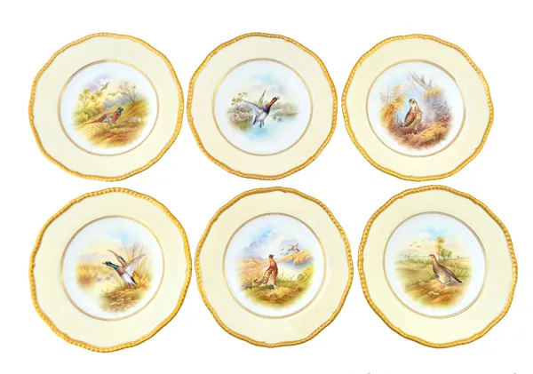 A set of six Coalport cabinet plates by Simpson, early 20th century, each decorated with wild game birds and titled to their reverses 'Canvas Back Duc