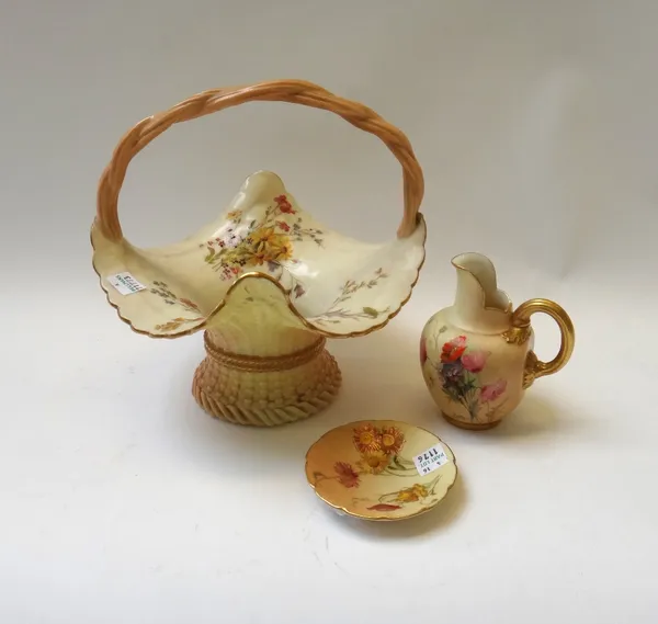 A late 19th century Worcester blush ivory ware basket with spiral twist handle, 20cm high, together with a Worcester blush ivory jug, and a pin dish.