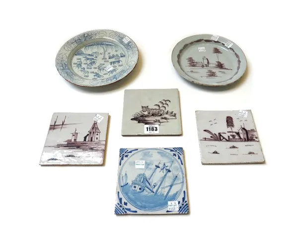 A group of English delftware, 18th century, comprising; a Liverpool tile painted in manganese with a recumbent leopard, a blue and white shipping subj