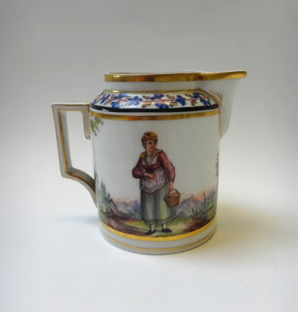 A Continental porcelain milk jug, possibly Russian, 19th century, painted with three figures in a landscape beneath a border of cornflowers, blue pain