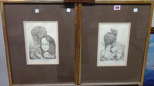 ** Rabl (20th century), Head studies, two etchings, indistinctly signed, together with two further unframed prints by other hands.(4)