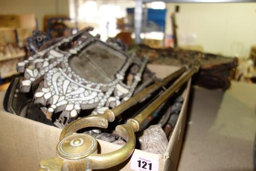 A group of collectables, including; a faux crocodile skin bag, a quantity of silver plate, pewter tankards, cigarette cards, a hardwood and mother of