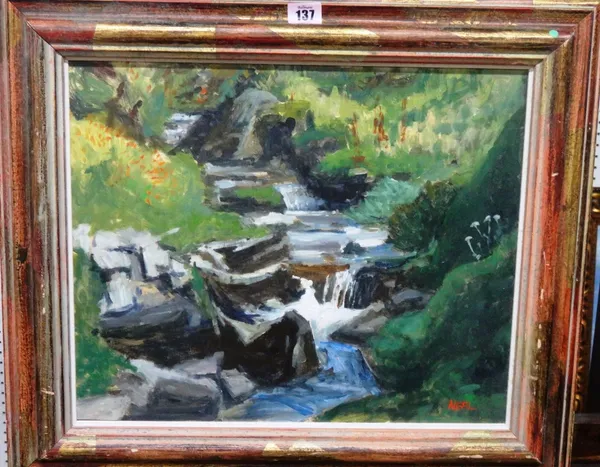 ** Neal (20th century), a waterfall on a stream, oil on board, signed.