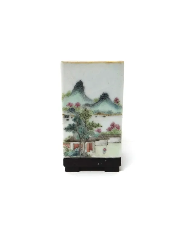 A small Chinese famille rose vase, 20th century, of square section, two sides painted with a landscape and the other sides painted with rows of callig