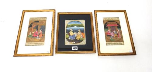 A group of eight Indian and Persian gouache paintings, 19th/20th century, each painted with figurative subjects, some with calligraphy, the largest 25