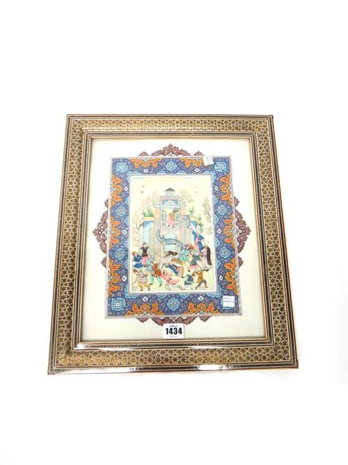 A Persian miniature painting on ivorine, 20th century, painting with a ferocious dragon scaling a building towards a man on a balcony while below figu