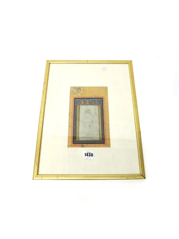 A Qajar full length portrait of a woman, 19th century, pencil and gouache on paper, 15cm. x 9cm., framed and glazed.