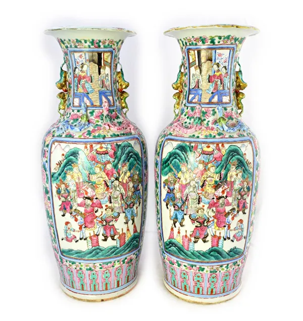A pair of Canton famille rose baluster vases, 19th century, painted with panels depicting a procession of officials and warriors against a ground fill