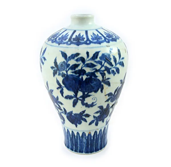 A Chinese blue and white Meiping vase, 18th century, in Ming style, painted with sprays of fruit above a border of stiff leaves, the neck painted with