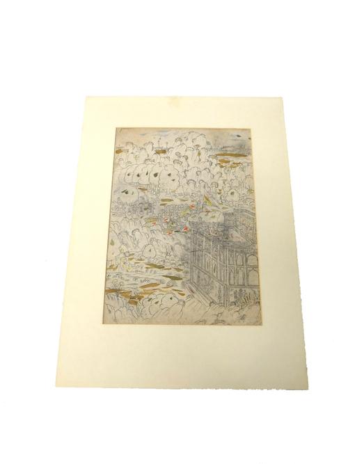 A Tiger Hunt, Kotah, India, 19th century, pencil heightened with watercolour on paper, showing a lord and his courtiers taking shots at tigers from th