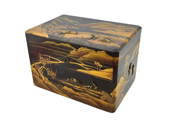 A Japanese lacquer and mixed metal rectangular tea caddy, Meiji period, the exterior decorated in gold and red lacquer with river landscapes, applied