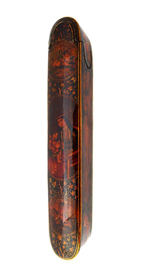A Qajar papier-mâché penbox, late 19th century, of rounded rectangular form with a sliding tray, the top decorated with a panel of a mother and child