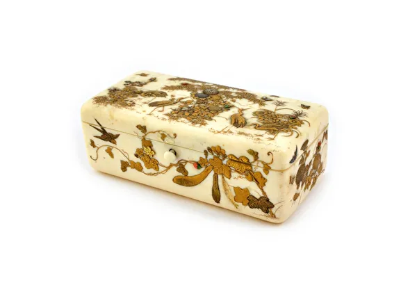 A good small Japanese shibayama rectangular box, Meiji period, the hinged cover decorated in raised gilding and inlaid in mother-of-pearl and coral wi