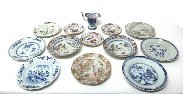 A group of Chinese export porcelain, Qianlong, comprising; a pair of famille-rose plates painted with river landscapes, three various famille-rose pla