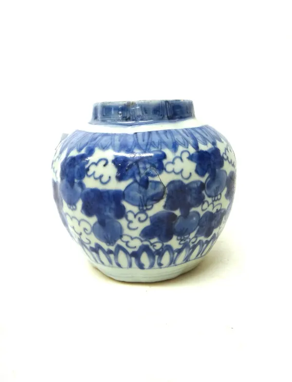 A Chinese blue and white lobed jar, Wanli, painted with dense fruiting pomegranate and leaves between bands of stiff leaves, the neck with key-fret bo