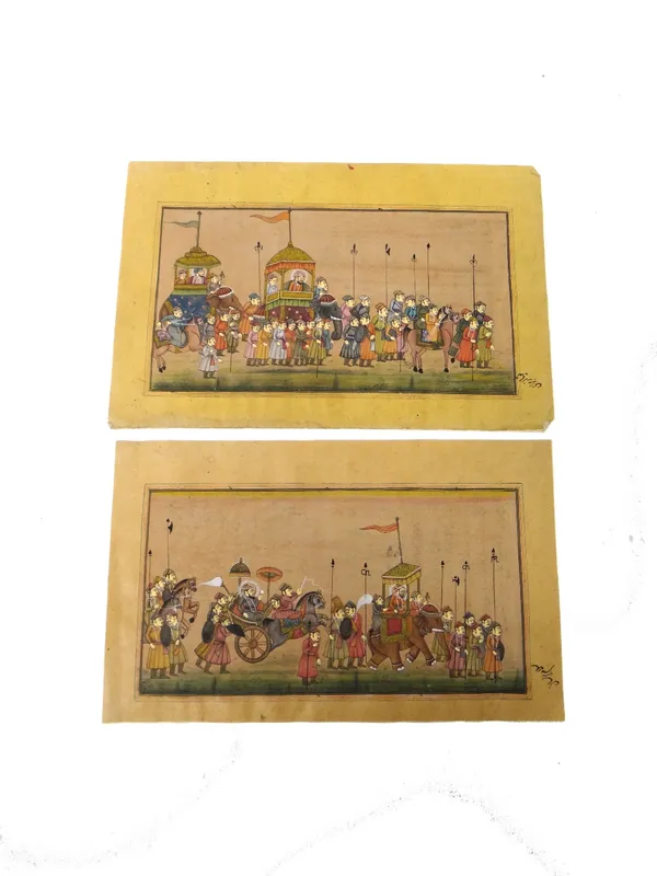 A pair of Indian gouache paintings, 19th/20th century, each painted with a procession of nobles and attendants, elephants and horses, the reverse with