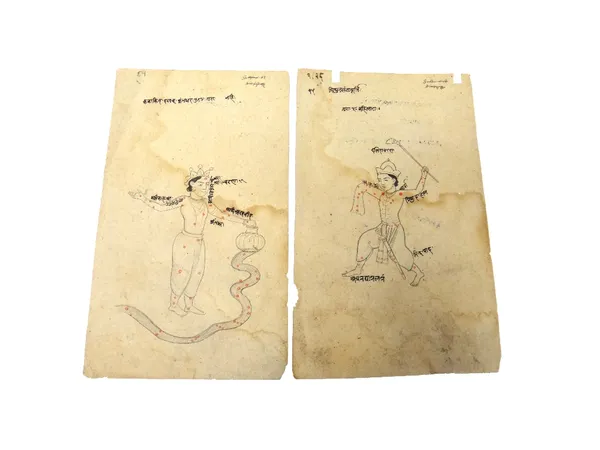 Four drawings of constellations, North India, 19th century, on double-sided folios, originally from a manuscript, with identifications in black devana