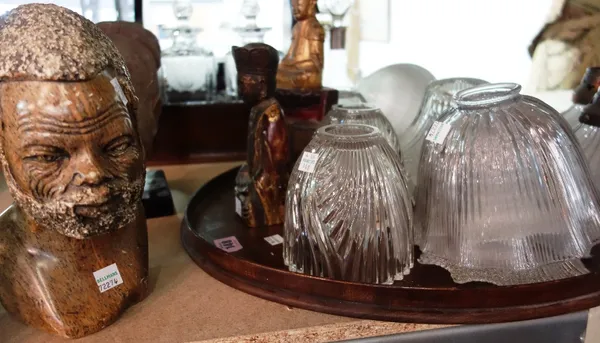 A quantity of collectables including an oval mahogany gallery tray, two carved stone heads, quantity of cut glass light shades and sundry. (qty)