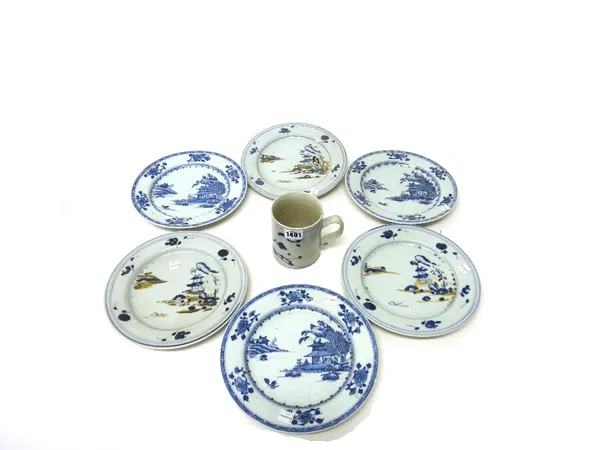 A group of Chinese porcelain from the Nanking cargo, circa 1750, comprising; a `Peony' pattern cylindrical mug, 10.5cm. high, and six `Boatman and six
