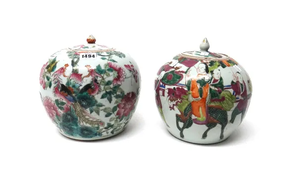 Two Chinese famille rose melon shaped jars and covers, late 19th/early 20th century, one painted with a procession of figures, the second painted with