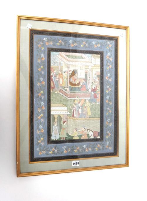 A Persian gouache painting, late 19th/20th century, painted with a court scene with nobles and attendants, the blue ground border painted with trailin