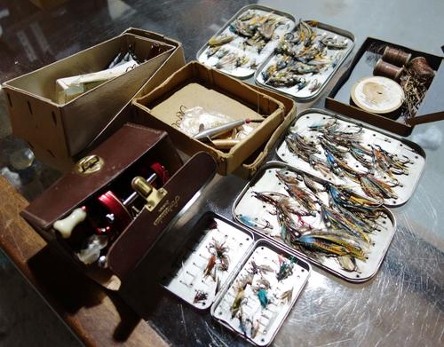 A quantity of vintage fishing gear, including rods, reels and tackle, 'Parabelic' 'Hardys' 'Farlow' and sundry. (qty)