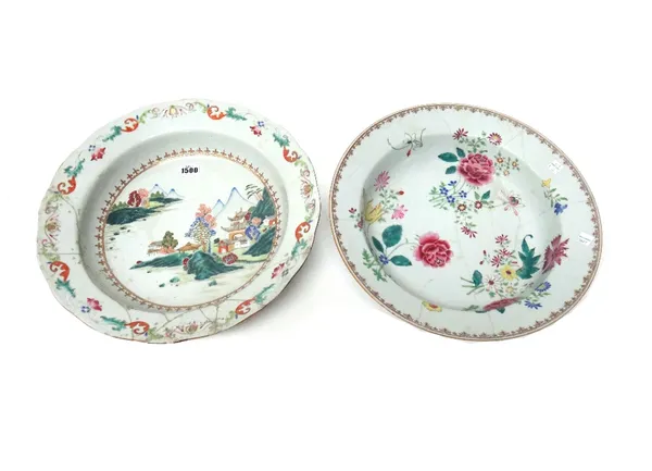 Two large Chinese famille-rose basins, Qianlong, one painted with a river landscape and the other painted with flowers beneath a spearhead border (a.f
