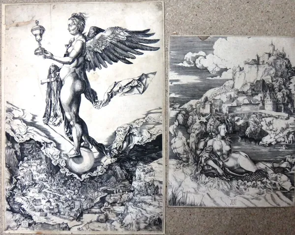 After Albrecht Durer; a group of four engravings, including 'Melancholia', all unframed, various sizes.