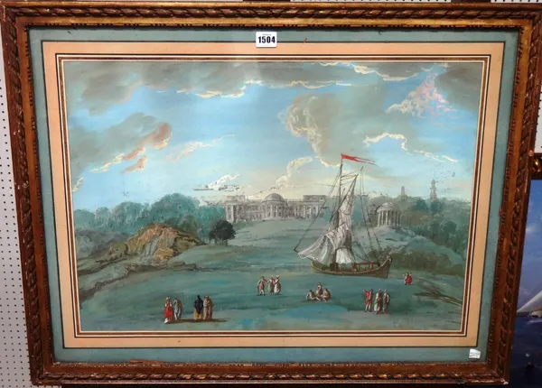 Italian School (late 18th century), Figures in parkland, with a boat sailing up a river before a country house;  River scene with figures and boats ne
