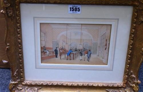 Thomas J. Rawlins (1800-1850), The Billiard Room, watercolour, signed and dated 1837, 12.5cm x 18cm.
