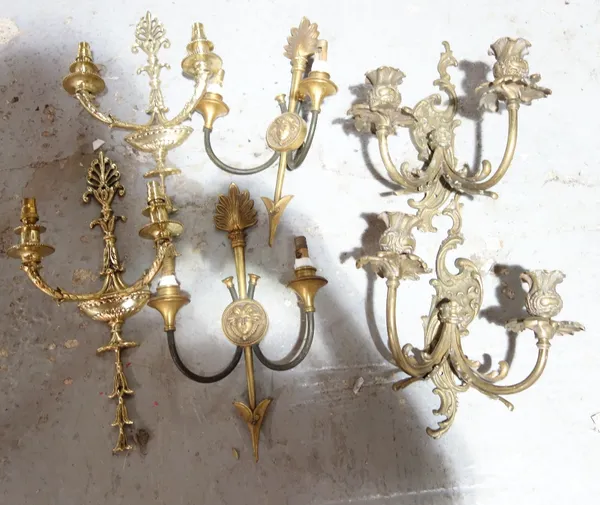 Three pairs of brass twin branch wall lights. (6)