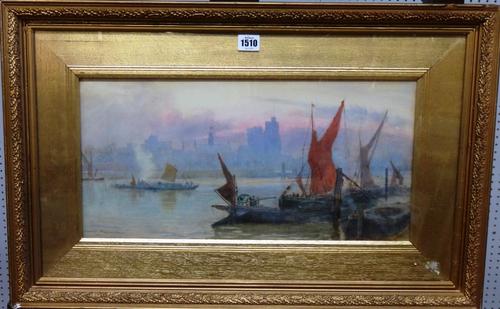 Herbert Menzies Marshall (1841-1913), A frosty sunrise, Lambeth Palace, watercolour, signed and dated 1887 (twice), 24cm x 49cm.