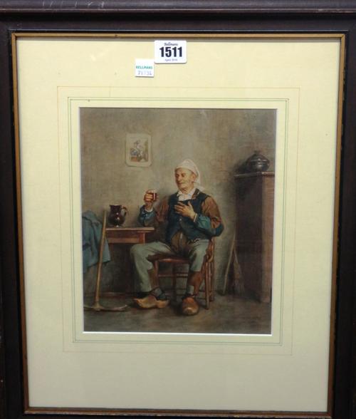 After Charles Moreau, A good drink, watercolour, indistinctly signed, 23cm x 19cm.