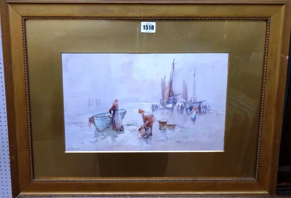 Frank Rousse (fl.1897-1915), Beach scene with fisherfolk and boats, watercolour, signed, 23cm x 36.5cm.