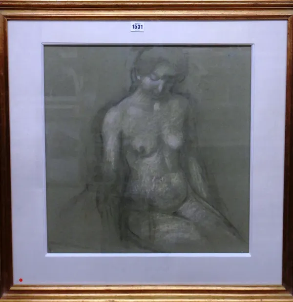 M** A** B** (20th century), Female nude, charcoal and chalk on grey paper, signed with monogram, 51cm x 48cm.