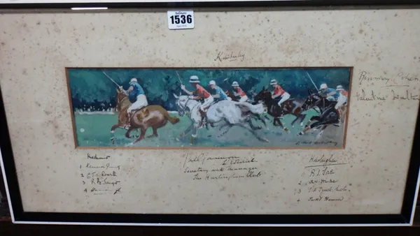 Gilbert Holiday (1879-1937), A Polo Match: Kashmir vs Hurlingham, gouache, signed; further signed and inscribed on mount by jockeys and the secretary