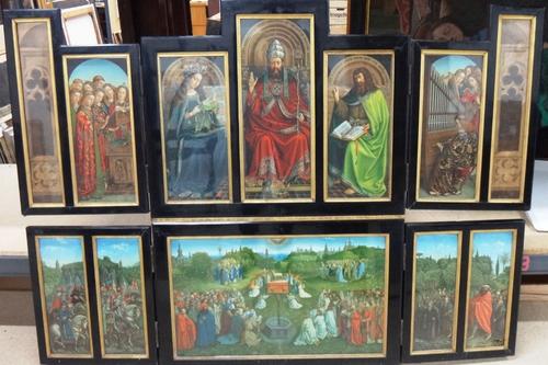 After Jan and Hubert van Eyck, The Ghent Altarpiece, chromolithographic triptych, overall size 115cm x 154cm.