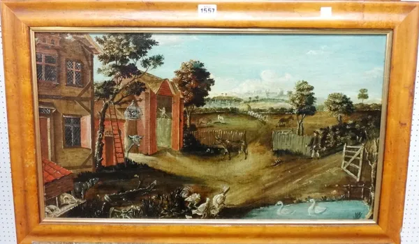 English Provincial School (19th century), A farmyard, oil on canvas, 35cm x 63cm.